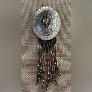 Vtg Southwest Concho Style Hand Beaded Dangles Silver Tone Brooch